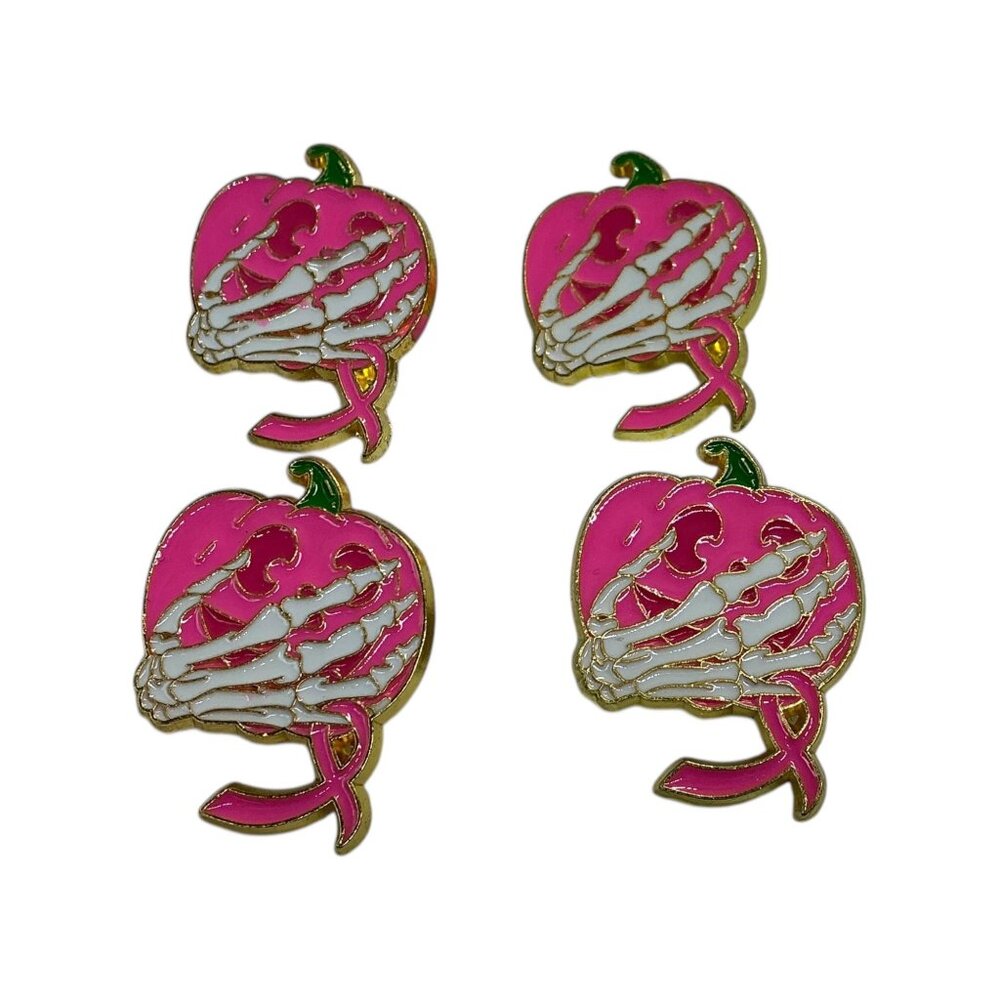 Pink Pumpkin & Skeleton Hands Enamel Pins Breast Cancer Awareness Lot Of 4